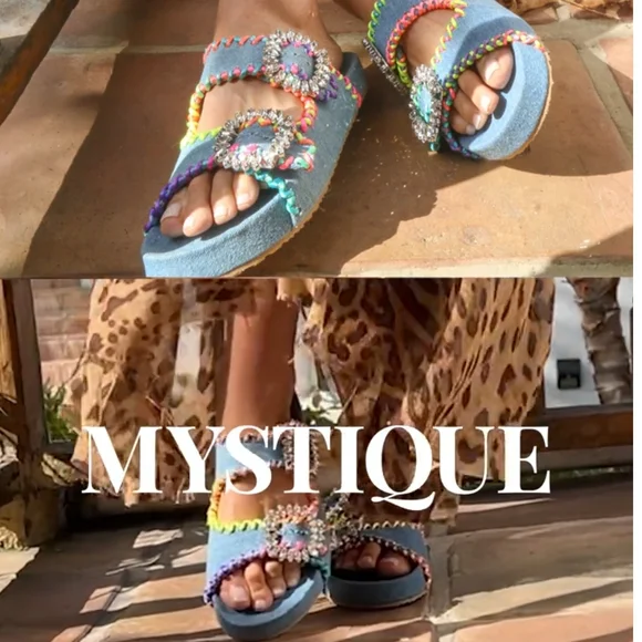 Mystique Luxury Denim Slides Sandals Crystal Buckle Size 8.5 (Fit 8-8.5) NWOB - Picture 2 of 13